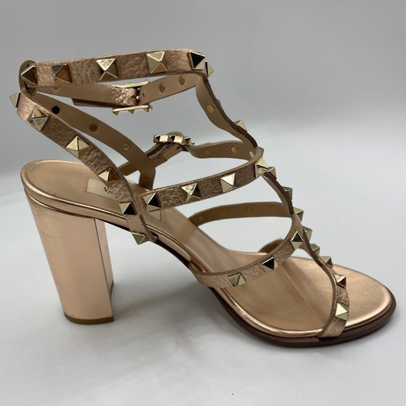 VALENTINO GARAVANI LEATHER ROCKSTUD ROSE GOLD GLADIATOR METALLIC SANDALS, SZ 39 - Picture 7 of 15
